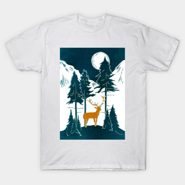 Golden Stag in Moonlit Mountains Linocut T-Shirt by Maddybennettart